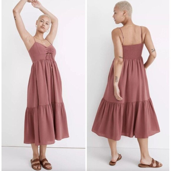 Madewell Womens 6 Ruched Keyhole Tiered Midi Dress Vintage Quartz - Picture 1 of 10